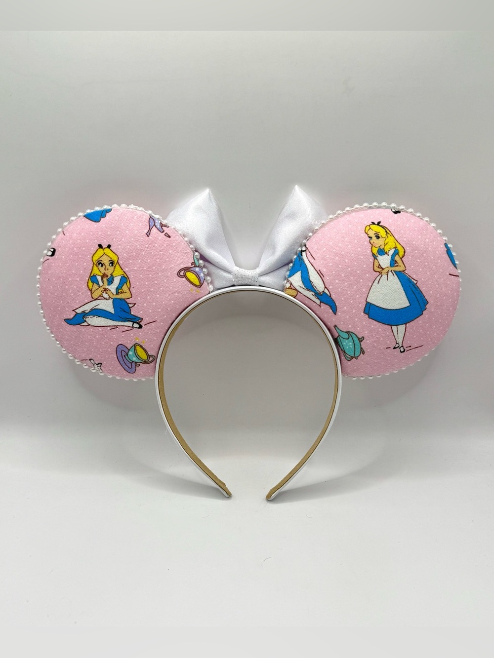 Disney Alice in Wonderland hand crafted Pink Minnie Ears with White Bow - Picture 2 of 3